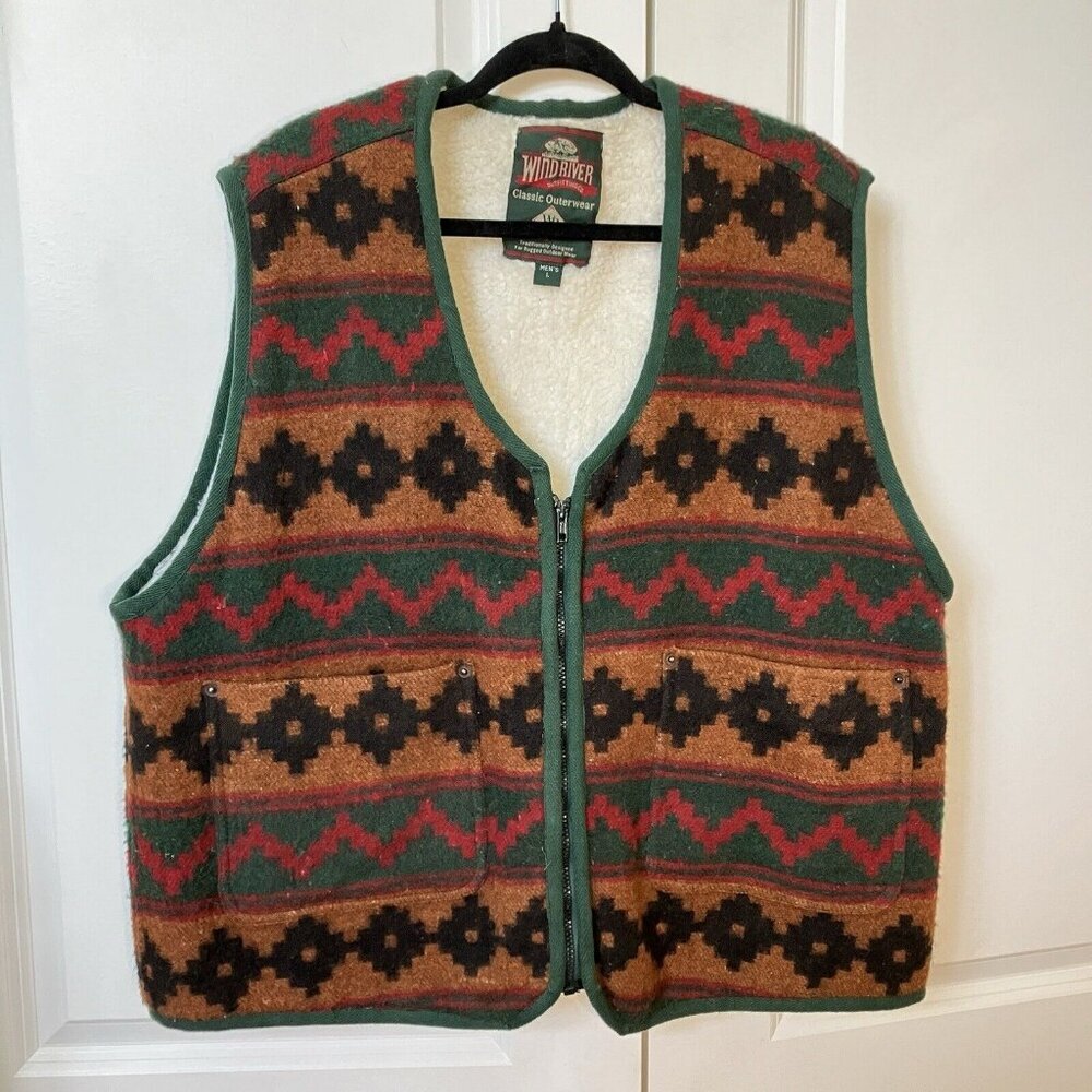 Vintage Windriver Southwestern Wool Blend Full  Zip Fleece Lined Vest Mens Large